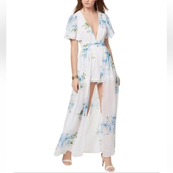 Disney Princess Line White and Blue Floral Maxi Overlay Romper Size L - Picture 1 of 13